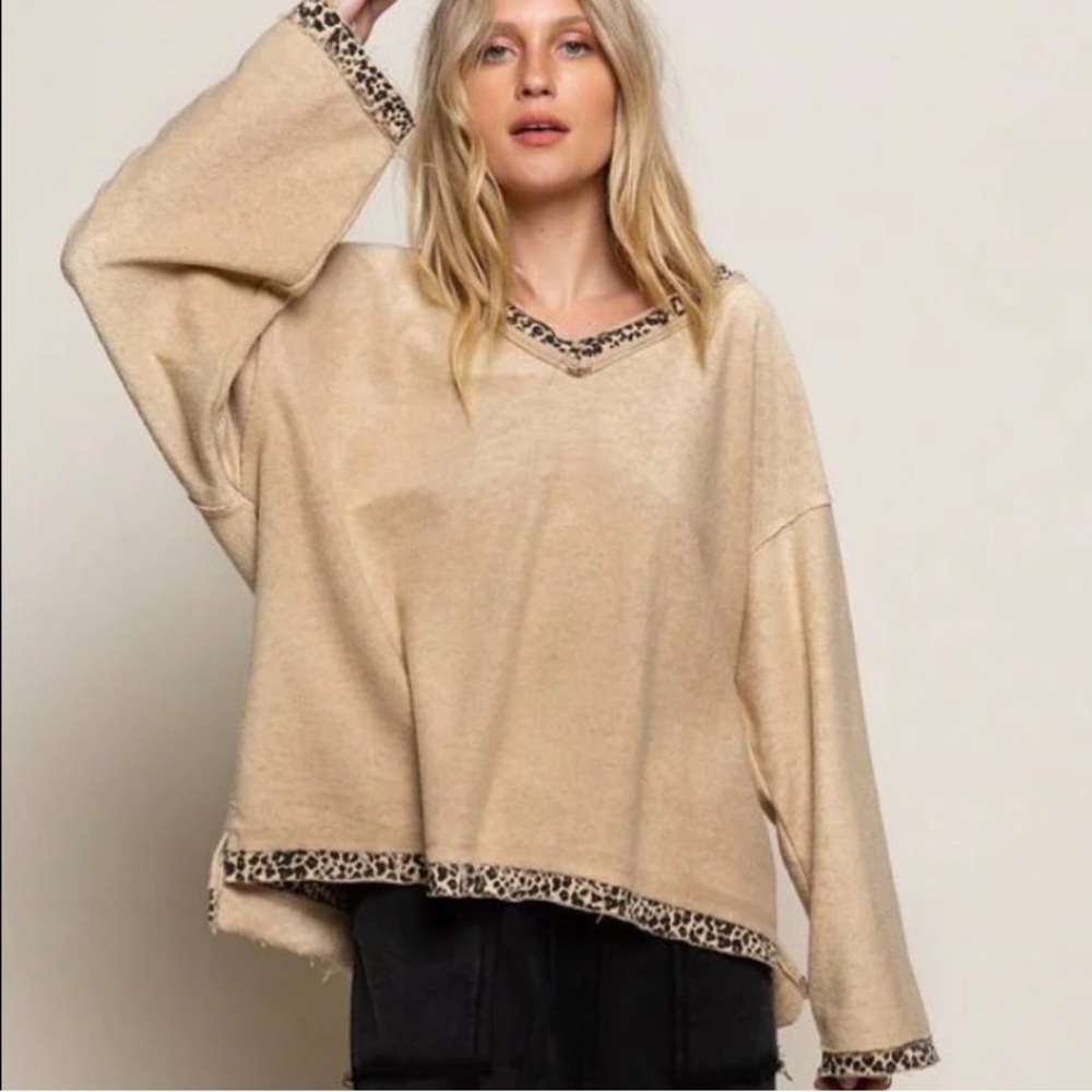 POL Leopard Trim Oversized Long Sleeve Top